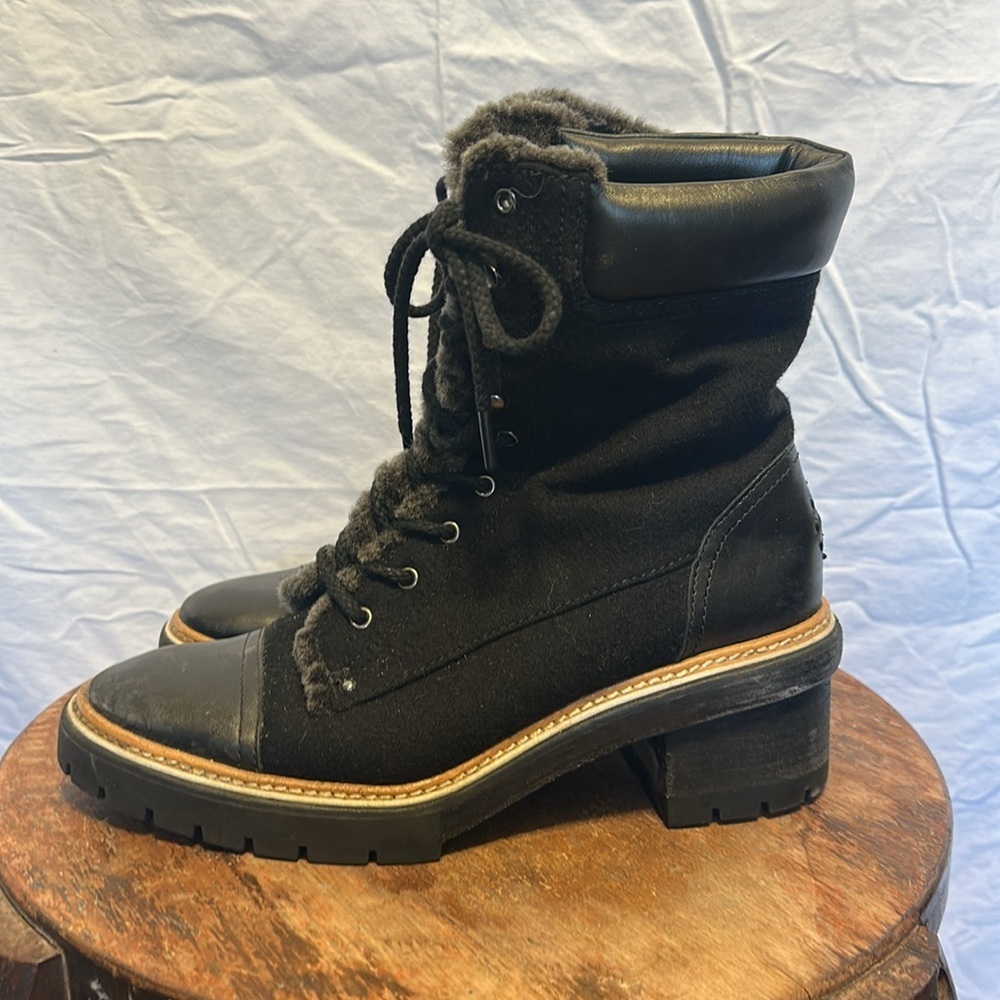 Tory Burch Shearling Wool Leather Miller Lug Sole Black/Grey Bootie size 10.5 - Picture 3 of 10